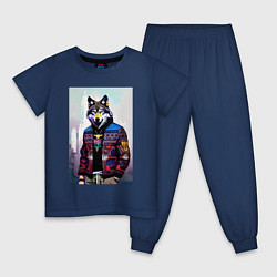 Пижама хлопковая детская Модный волчара - житель Нью-Йорка - нейросеть, цвет: тёмно-синий