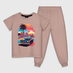Пижама хлопковая детская Автомобиль на пляже, цвет: пыльно-розовый