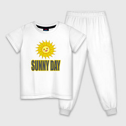 Пижама хлопковая детская Солнечный день - надпись и веселое солнышко, цвет: белый