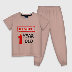 Пижама хлопковая детская Осторожно - мне один год, цвет: пыльно-розовый