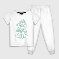 Пижама хлопковая детская Ганеша зеленый лайн, цвет: белый