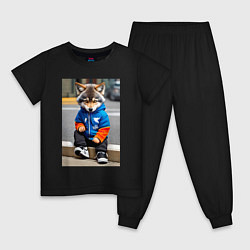 Пижама хлопковая детская Уличный волчонок-хулиган - нейросеть, цвет: черный