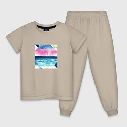 Пижама хлопковая детская Абстрактное море закат рассвет, цвет: миндальный