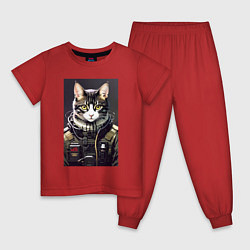 Пижама хлопковая детская Крутой кот - киберпанк - нейросеть, цвет: красный