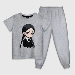Пижама хлопковая детская Уэнсдей Аддамс в аниме стиле, цвет: меланж