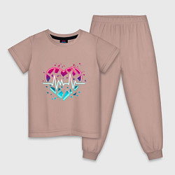 Пижама хлопковая детская Неоновое разбитое сердце с линией пульса, цвет: пыльно-розовый