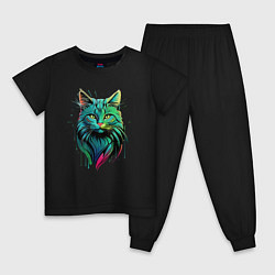 Пижама хлопковая детская Неоновое граффити с котом, цвет: черный