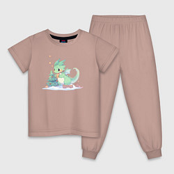 Пижама хлопковая детская Чиби-дракон с ёлочной игрушкой, цвет: пыльно-розовый