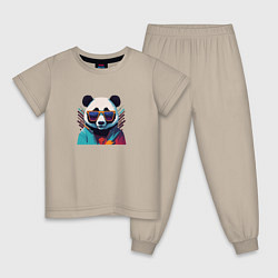 Пижама хлопковая детская Модная панда в солнечных очках, цвет: миндальный