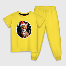 Пижама хлопковая детская Кот Абиссинской породы в новогодней шапке, цвет: желтый