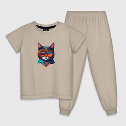 Пижама хлопковая детская Модный кот в очках, цвет: миндальный