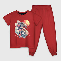 Пижама хлопковая детская Японский дракон на фоне солнца и цветки сакуры, цвет: красный