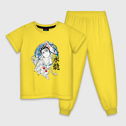 Пижама хлопковая детская Танджиро Камадо и иероглифы, цвет: желтый