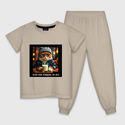 Пижама хлопковая детская Рыжий кот: если лев голоден он ест - пафосная цита, цвет: миндальный