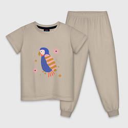 Пижама хлопковая детская Синий попугай, цвет: миндальный