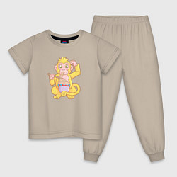 Пижама хлопковая детская Обезьяна с лапшой, цвет: миндальный