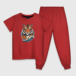Пижама хлопковая детская Тигр и морская волна, цвет: красный