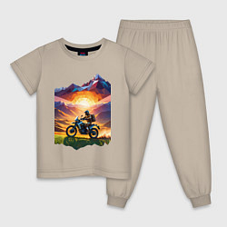 Пижама хлопковая детская Мотопутешествие в горы, цвет: миндальный