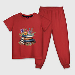 Пижама хлопковая детская Стопка книг с полевыми цветами, цвет: красный