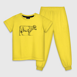 Пижама хлопковая детская Новогодняя корова сбоку, цвет: желтый