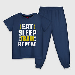 Пижама хлопковая детская Eat sleep train, цвет: тёмно-синий