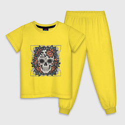 Пижама хлопковая детская Ретро татуировка с цветами и черепом, цвет: желтый
