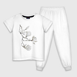 Пижама хлопковая детская Цветы акварелью ветки магнолии, цвет: белый