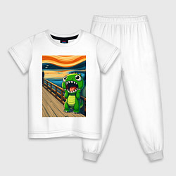 Пижама хлопковая детская Динозаврик кричит на картине Эдварда Мунка - мем и, цвет: белый