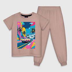 Пижама хлопковая детская Кабриолет едет по тропическому острову в стиле Куб, цвет: пыльно-розовый