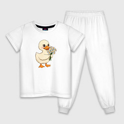 Пижама хлопковая детская Милая уточка с букетом ромашек, цвет: белый