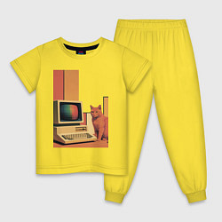 Пижама хлопковая детская Рыжий кот сидит у старого компьютера ретро поп-арт, цвет: желтый