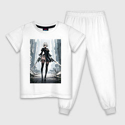 Пижама хлопковая детская Девушка-андроид с катанами посреди руин, цвет: белый