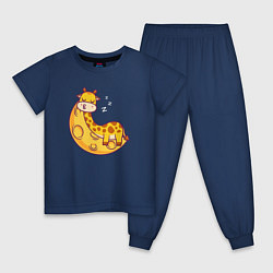 Пижама хлопковая детская Спящий жираф на луне, цвет: тёмно-синий