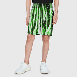 Шорты детские Зелёные неоновые полосы на чёрном фоне, цвет: 3D-принт — фото 2