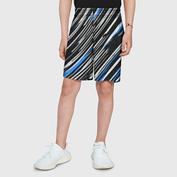 Шорты детские Диагональные сине-белые полосы на чёрном фоне, цвет: 3D-принт — фото 2