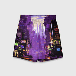 Шорты детские Киберпанк город фиолетовый, цвет: 3D-принт