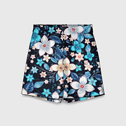 Шорты детские Сине-белые цветы на чёрном фоне, цвет: 3D-принт