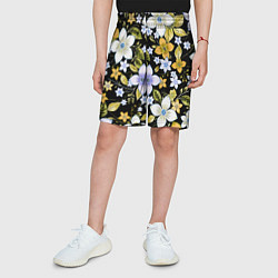 Шорты детские Жёлто-белые цветы на чёрном фоне, цвет: 3D-принт — фото 2