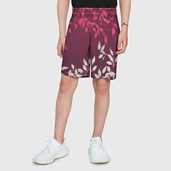 Шорты детские Листья на бордовом фоне - нейросеть, цвет: 3D-принт — фото 2