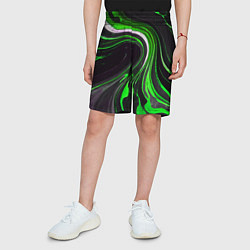 Шорты детские Волнистые бело-зелёные линии на чёрном фоне, цвет: 3D-принт — фото 2
