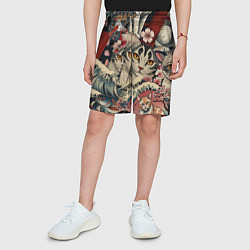 Шорты детские Котики и рыбки в сакуре, цвет: 3D-принт — фото 2