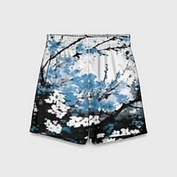 Детские шорты Абстракция чёрное дерево с синими цветами