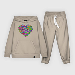 Костюм хлопковый детский Валентинка - сердце: любовь на разных языках, цвет: миндальный