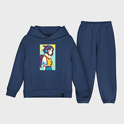 Детский костюм оверсайз Девчонка-волчонок в наушниках - аниме - нейросеть, цвет: тёмно-синий