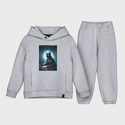 Детский костюм оверсайз Кибер кот за компьютером - неоновое свечение, цвет: меланж