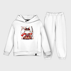 Детский костюм оверсайз Кот самурай на фоне луны, цвет: белый