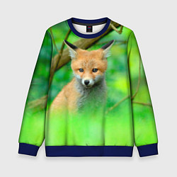 Свитшот детский Лисенок в зеленом лесу, цвет: 3D-синий