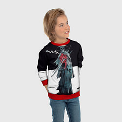 Свитшот детский Скелет Самурай с трубкой на черно белом фоне, цвет: 3D-красный — фото 2