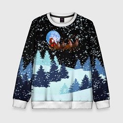 Свитшот детский Санта на оленях в ночном небе, цвет: 3D-белый