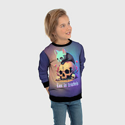 Свитшот детский Черный котенок на черепе мрачный неоновый фон, цвет: 3D-черный — фото 2